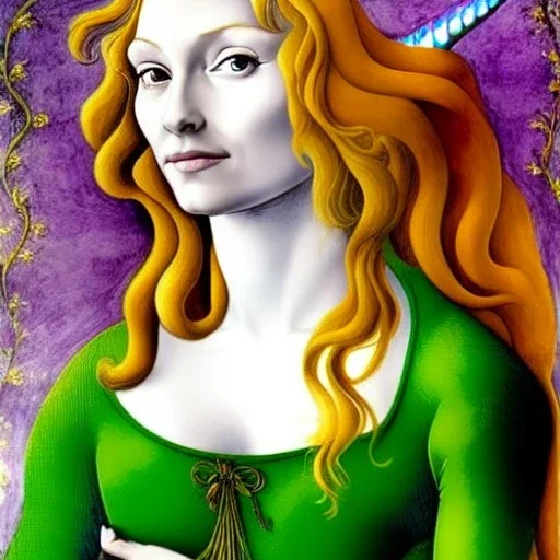 portrait of a beautiful busty Jean Grey with green eyes riding a unicorn by Sandro Botticelli style