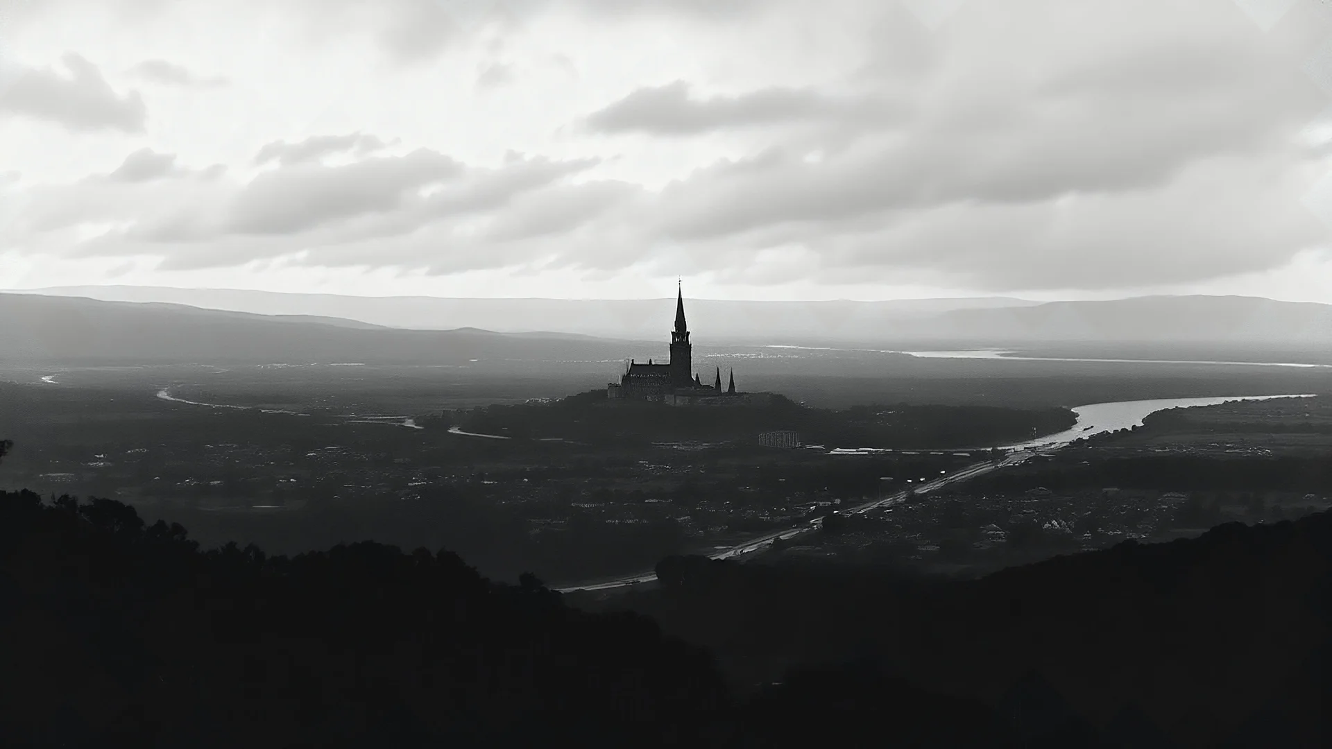 moody black and white silhouette of a large town in Australia in the year 1847