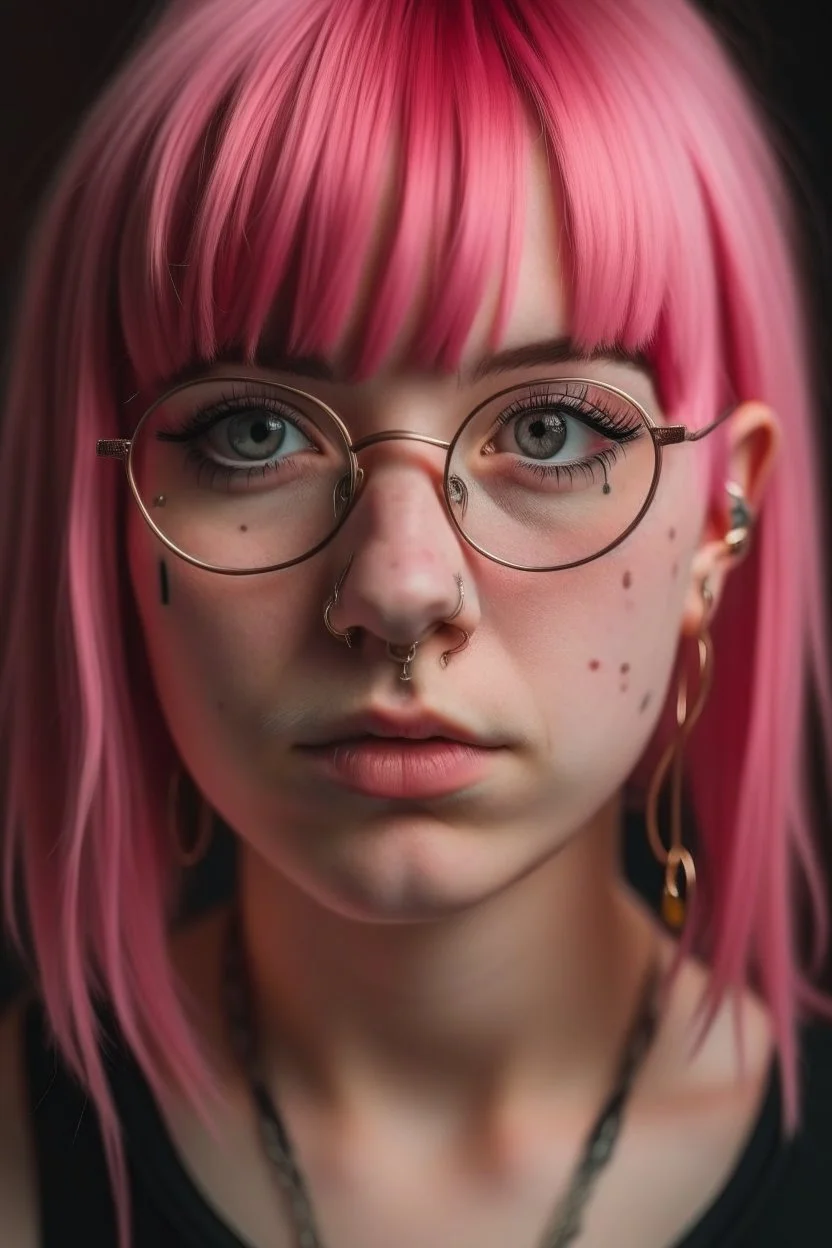 girl with pinkhair in a fringe with glasses and a septum piercing and a giant forehead