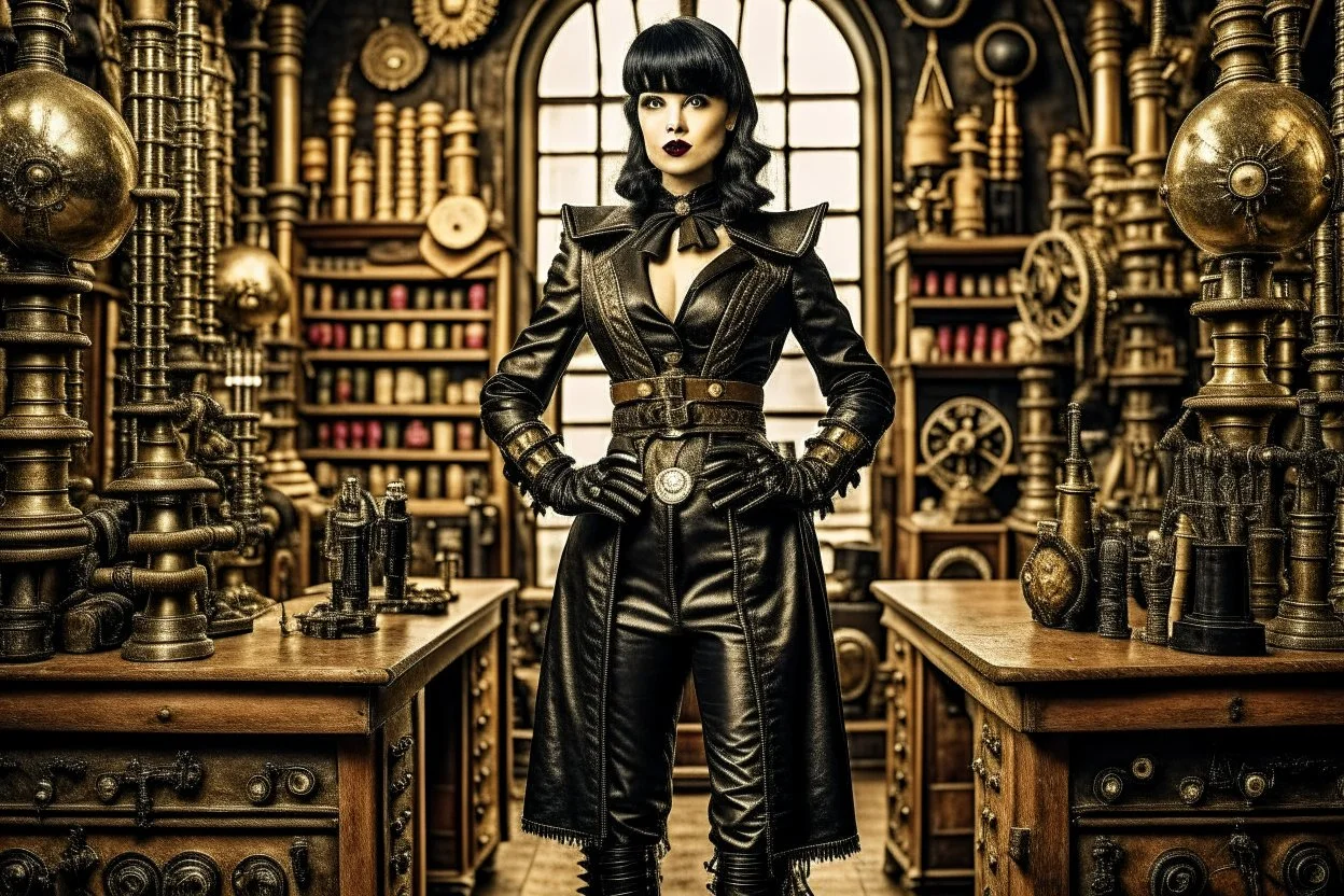 full-length pale dark-haired woman with a straight bob hairstyle with a fringe, in a steampunk leather outfit, and gloves, standing in a steampunk laboratory