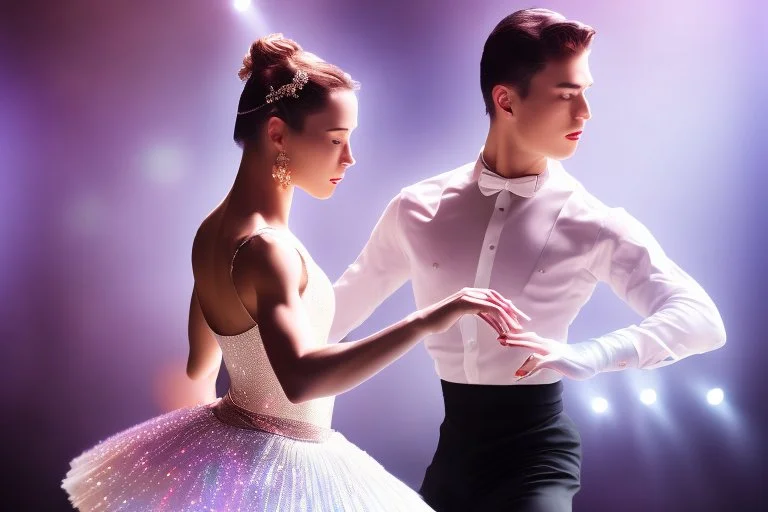 very beautiful a ballet male and female dancers couple in very pretty clothing dancing ,hyper realistic ,disco lightes,very luxury dance stage ,with nice light sources and devices in stage, close up