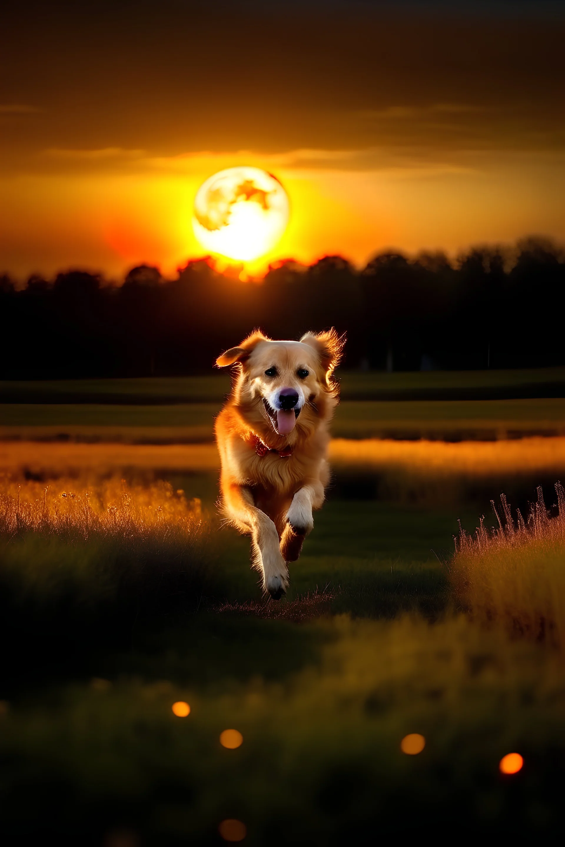 Golden retriver corriendo de lejos en una pradera con el atardecer de fondo y q salga la luna