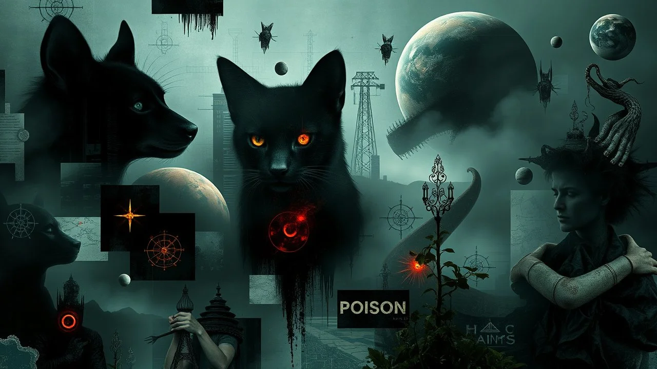 Digital collage of various images and elements such as animal faces, shadows, planets, fog, abstract symbols, haze, plants, maps, strange things, poison. The collage consists of distorted and glitchy shapes and layers, creating a feeling of confusion and horror. Deep, dark colors, surreal mood, Images and elements are related to the themes of surrealism, paranoia, thriller and conspiracy, nightmare.