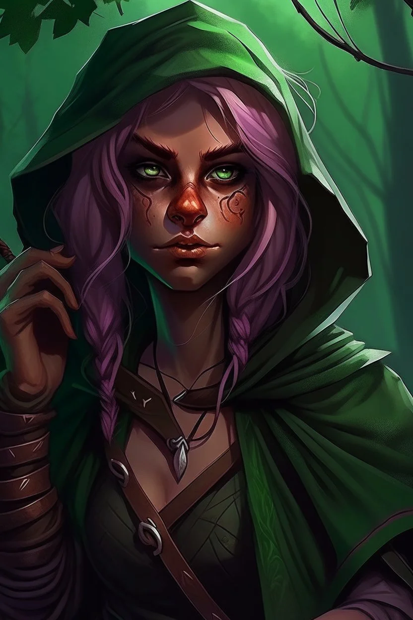 Hooded wood elf, rogue assassin, brown skin, bright green eyes, mauve hair, sneaky, trees, stoner, long bow, black leather straps, disheveled, smoking weed