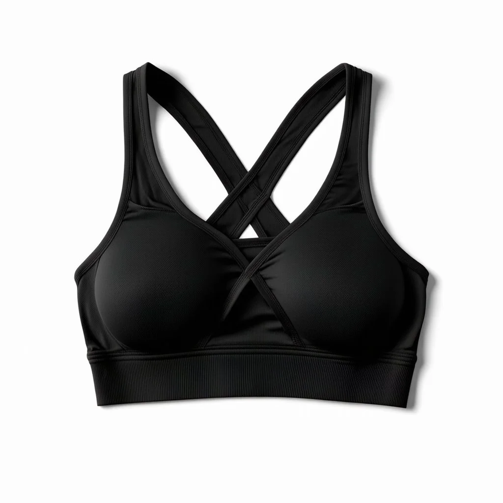 Folded Cross-back sport bra, top view, flat lay, realistic, active wear, black seamless material