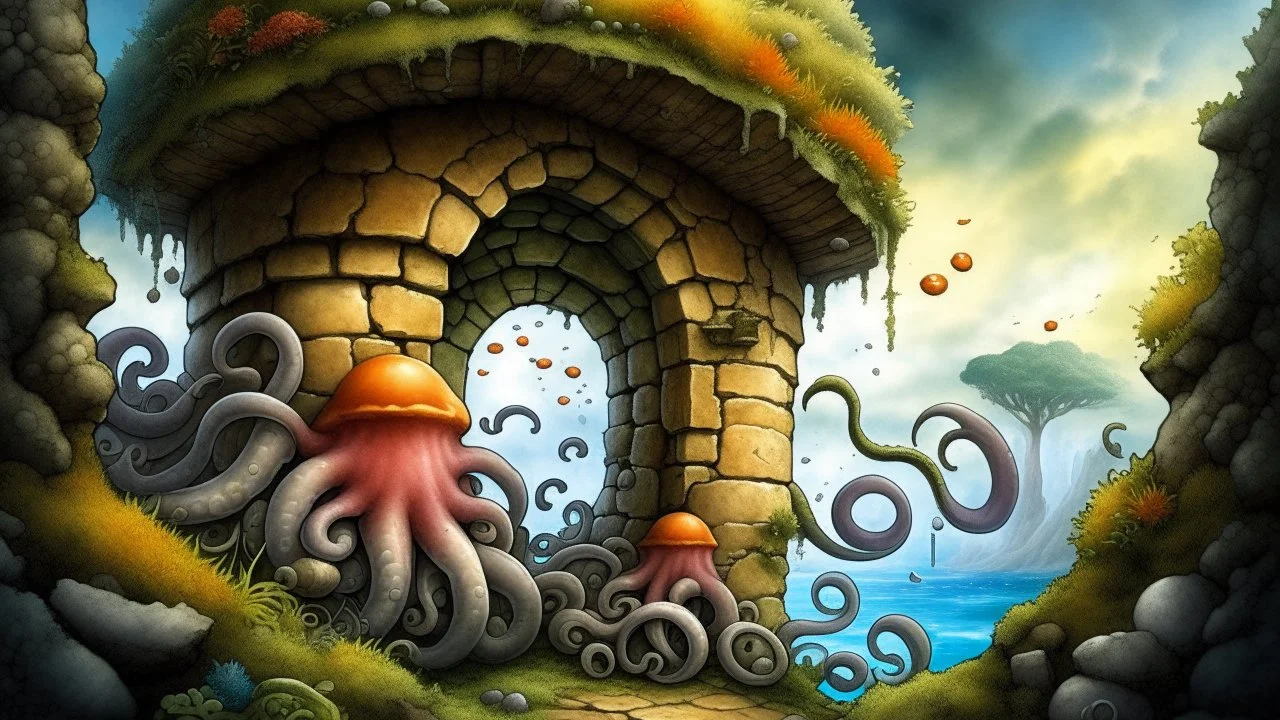 Mushrooms with octopus tentacles covering a crumbling stone wall and an arch behind, Roger Dean-style