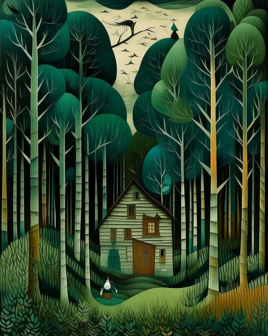 A blackish teal forest with a cozy cabin designed in German folk art painted by Henri Rousseau