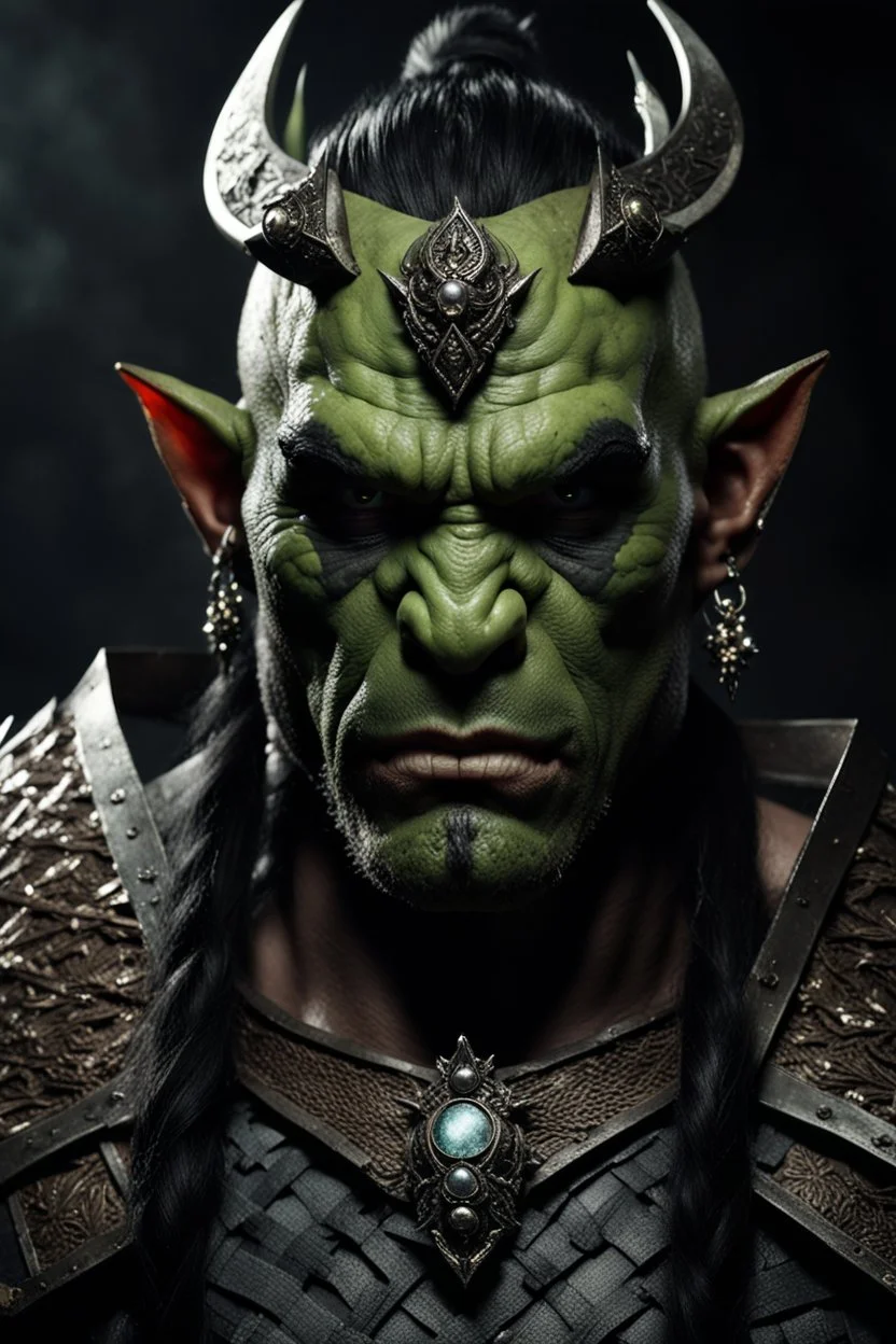 portrait of an orc king.braided hair and unique eyes. grimacing. Half of his head is shaved. wearing ornaments. Carrying a battleaxe. High resolution. 4K. 8K. Dark Fantasy style.