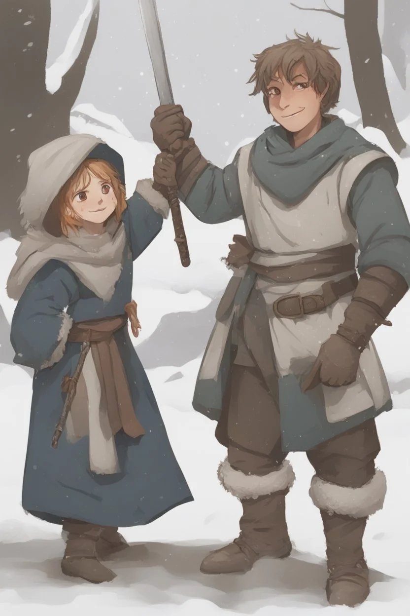 DnD style, two medieval peasant kids playing in the snow male and female, age 14 and 15, happy and playful, he has a short sword.