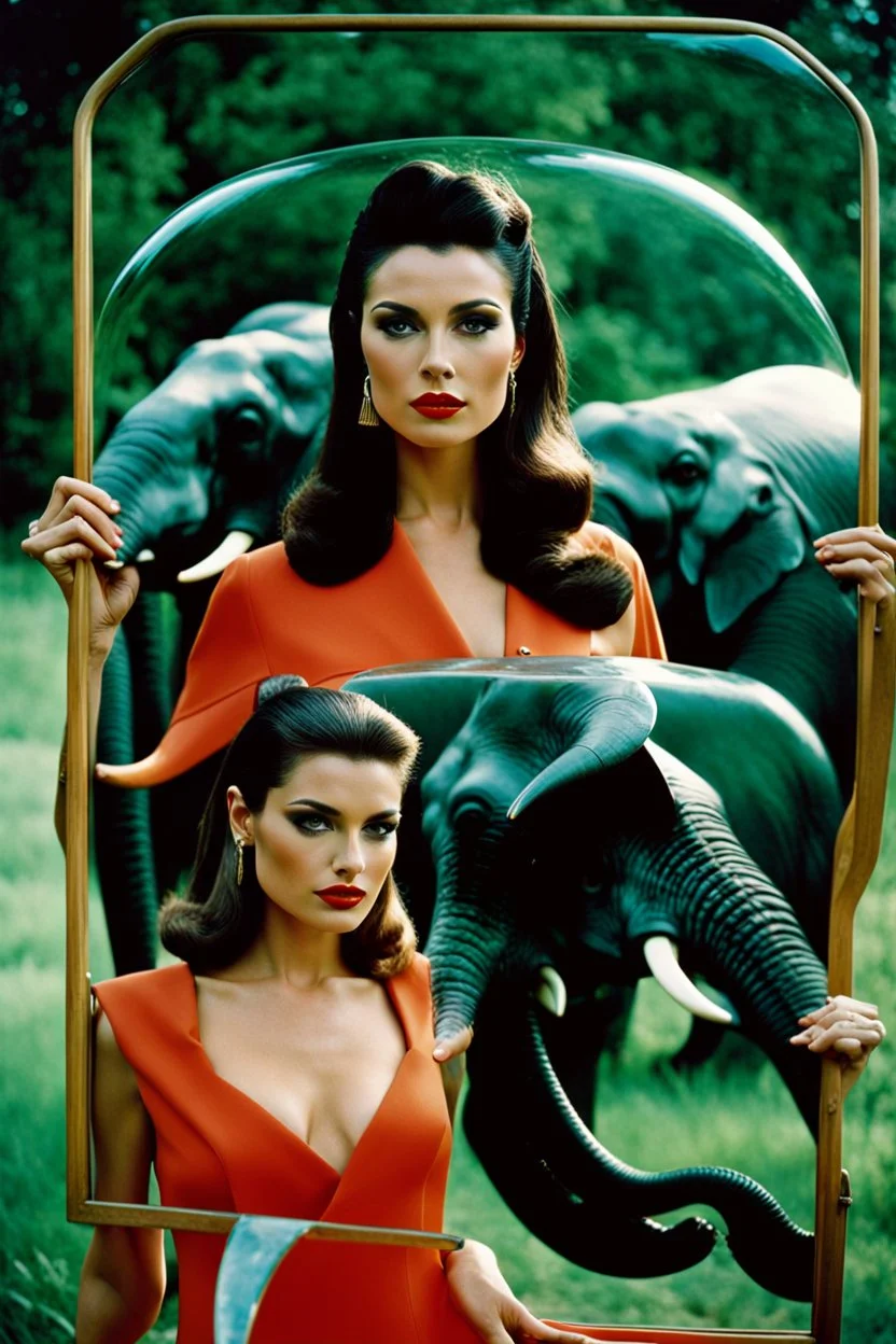 sixties, beautiful woman holding a piece of elephant art, Portra 400 film photo, analog inspiration, bubble, helmut newton, polaroid colors, realistic face, space age