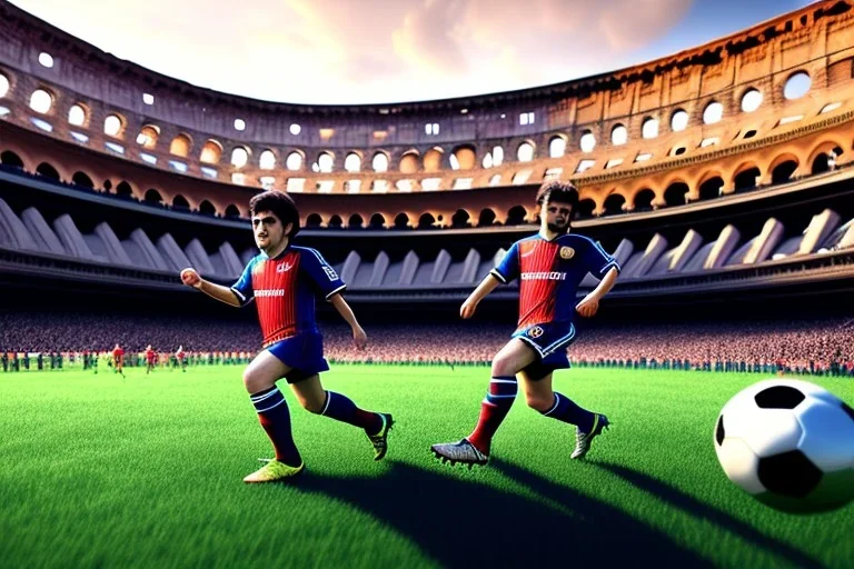 diego armando maradona playing football in roman colosseum, hyper detailed, digital part,cinema4d, elegant, centered, detailed, 8k, shining, heaven, many happy people, dampf,