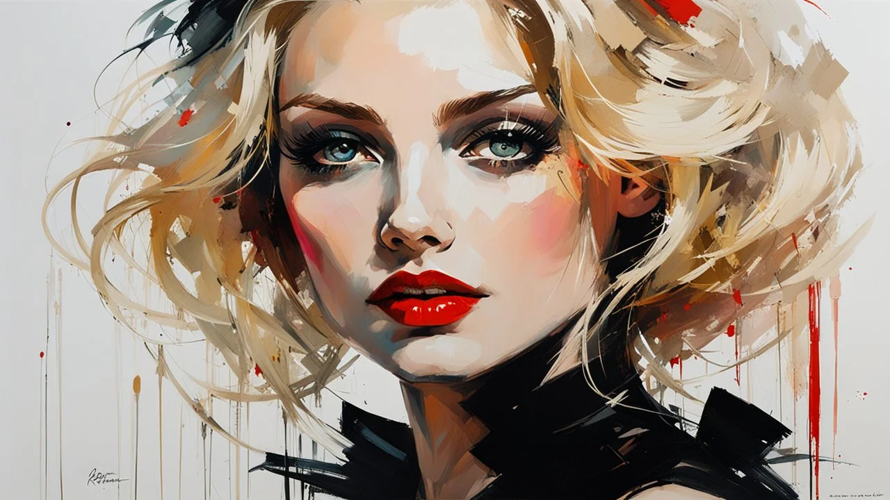 Blonde Pale Thin well endowed Scandinavian Woman 24yo, Big Eyes, red lipstick, Long Eyelashes And Eye Shadow smiling, wearing a black dress, femme fatale :: by Robert McGinnis + Jeremy Mann + Carne Griffiths + Leonid Afremov, black canvas, clear outlining, detailed