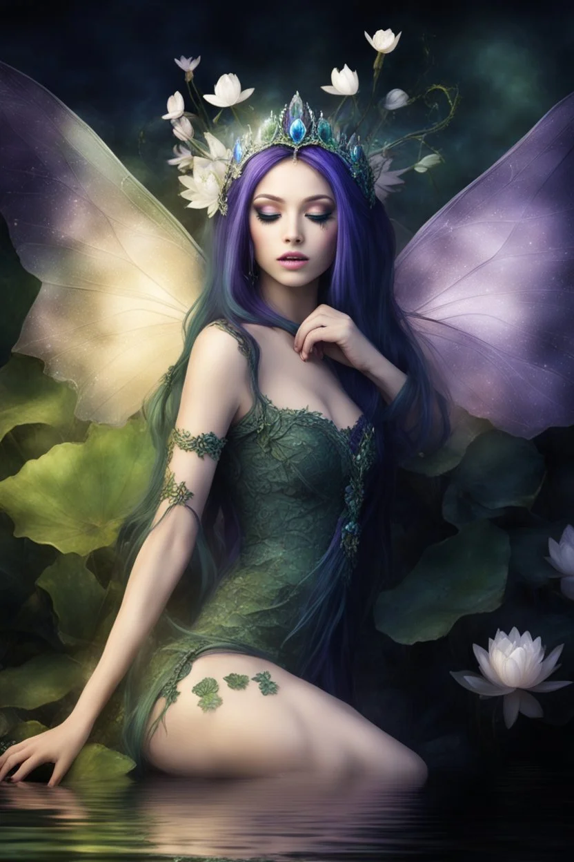 Dark green, tiara, purple hair, dark , fairy,nymph saphire, blue, emerald,rapunzel hair ,enchanted green,,purpleydragonfly,elven crown, gothic,water lilies, lotus,pond,amethyst