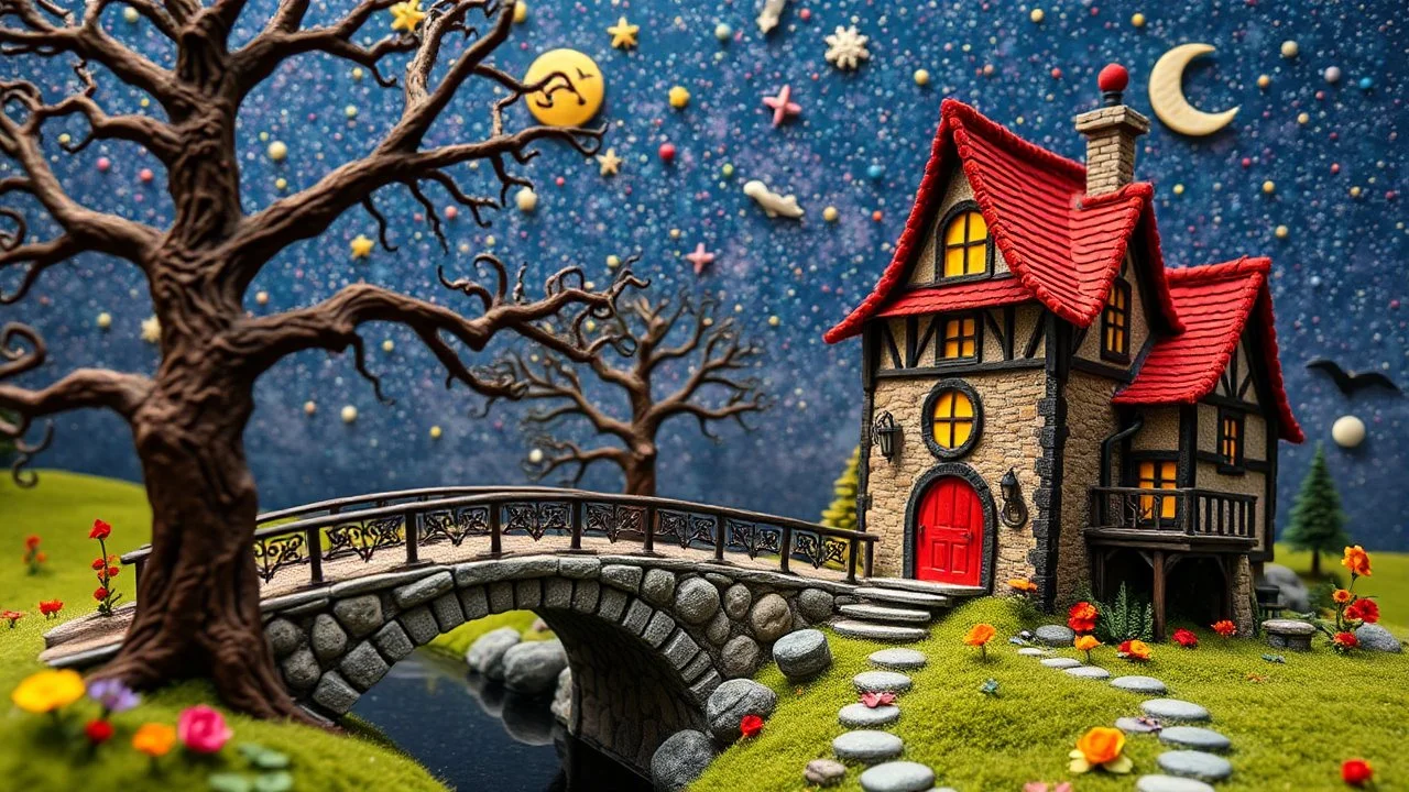Photograph hasselblad h6d400c --ar 85:128 --v 6.0 of a fairy old bridge, tree, old bewitched house, made of felt, art, 3d deep field, Joan Miró, wide angle landscape scene, galaxies, creepy, needlepoint, abstract silhoutte, expressionist style, colorful holiday