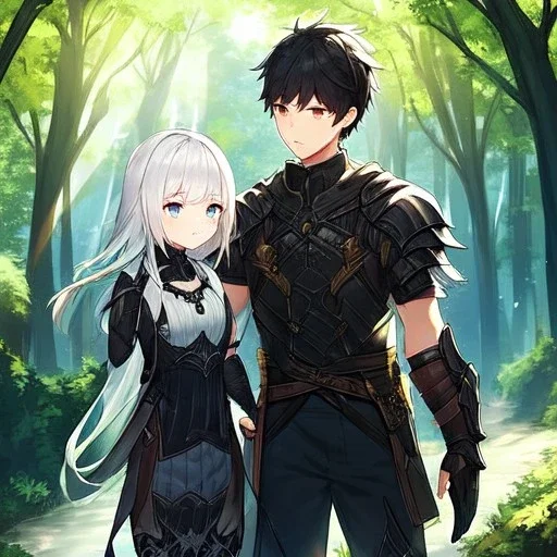 Girl with white hair. Boy with black hair wearing leather armor. Forest path