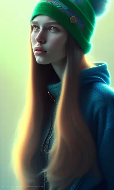 girl, cute, beautiful, long hair, wavy hair, brunett hair, blue eyes, beanie, green coat, black tee shirt, head and shoulders portrait, 8k resolution concept art portrait by Greg Rutkowski, Artgerm, WLOP, Alphonse Mucha dynamic lighting hyperdetailed intricately detailed