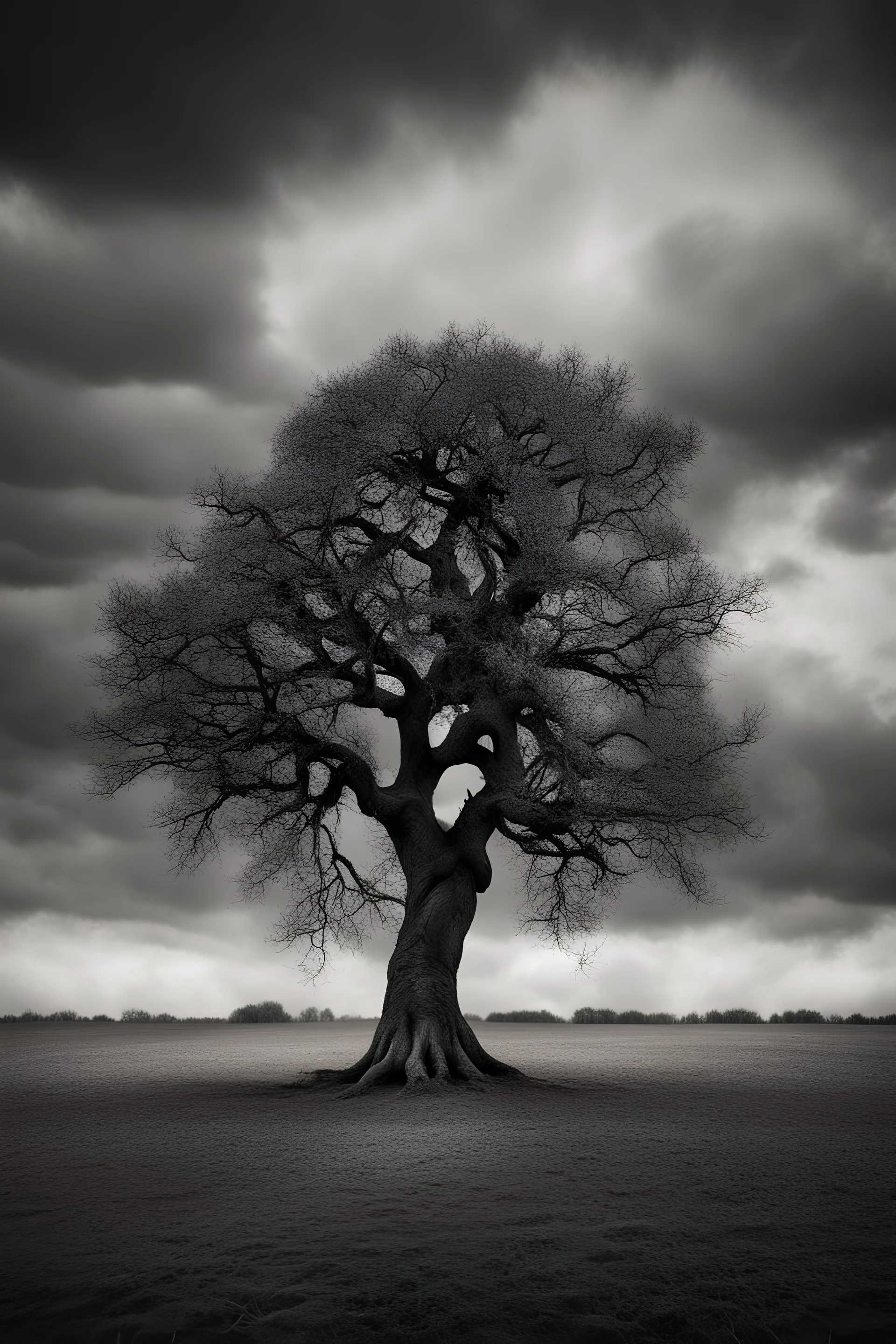 conceptual photo, art photo, illusion, fine art, death, dark cloudy sky, surrealism, black and white, single tree, chestnut tree, distant view