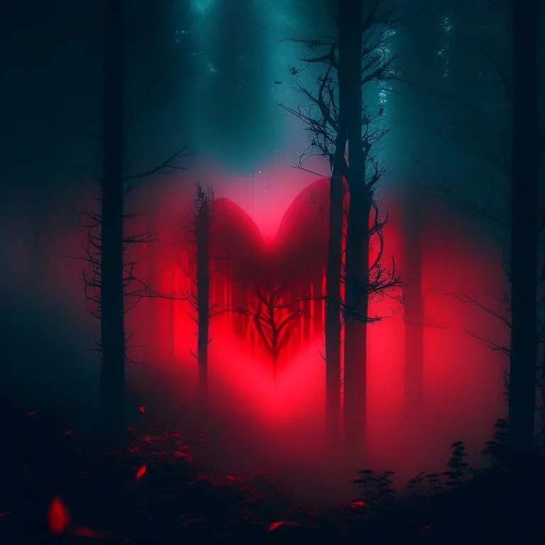 red fog in the forest at night with an electric heart