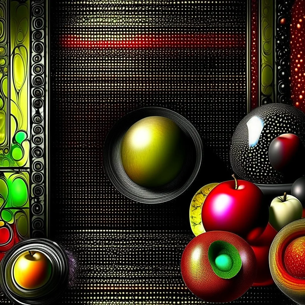 Still life. Apples. Pears. Grapes. Dishes. Oranges. Wood table. Coffee pot.