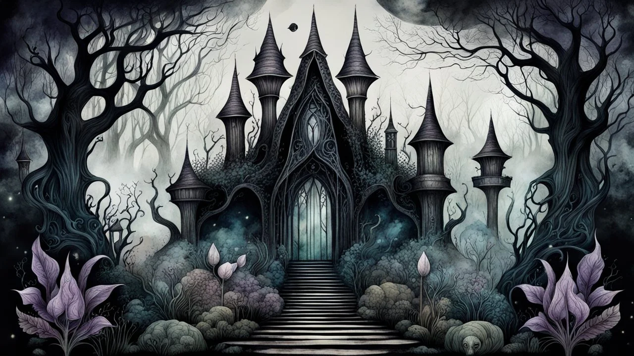 an unreal and whimsical mystic garden, dark fantasy art style, intricate details, dreamlike atmospheres, fog, watercolor and pencil drawing textures, vintage goth aesthetics, and mystic, dark elements and shapes, deep dark colors, high textures, dark fantasy, crepy stunning,