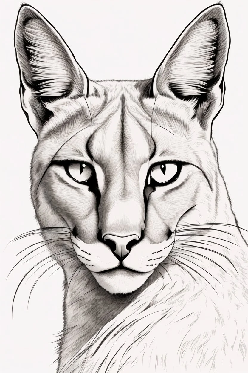 "Generate an AI line art of a Caracal in a dynamic front shot, half-body pose. Capture the distinct features of this wild cat, emphasizing its grace and alertness. Use clean lines to showcase the caracal's unique characteristics in a striking and detailed illustration."