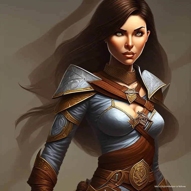 dungeons and dragons, female wood elf, druid, brown hair, brown eyes, full body, realistic face, short hair, large nose, closed mouth, leather armor, dark skin, one person, blue scarf