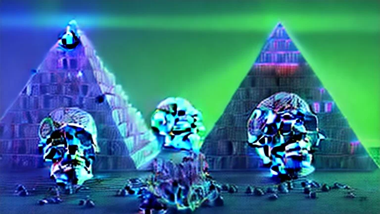 anatomically correct human skulls stacked into a pyramid, unusual neon lighting, high velocity, 64k, dystopian, vray, steampunk