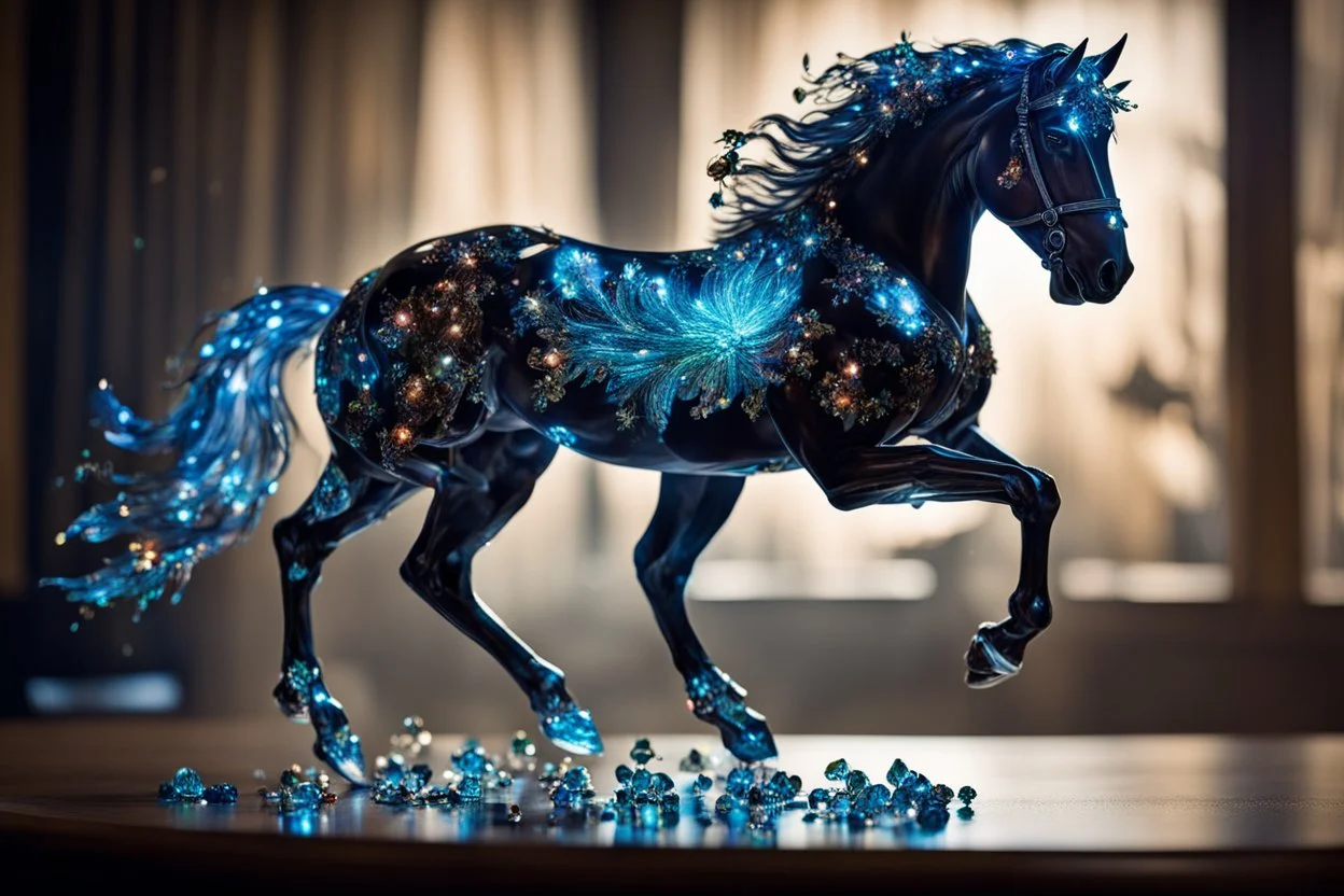 night, dark room, bioluminescent Coloured glass dynamically jumping horse set with gemstones, glittering metal stems and gemstone leaves on a room table sharp focus elegant extremely detailed intricate very attractive beautiful dynamic lighting fantastic view crisp quality exquisite detail gems and jewels S<AI Weight:1 Professional photography, bokeh, natural lighting, canon lens, shot on dslr 64 megapixels sharp focus Weight:0.9