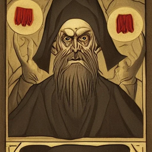 Nosferatu with four yellow eyes with fleshy tentacle hair beard grey skin and vampire fangs as a Russian Orthodox