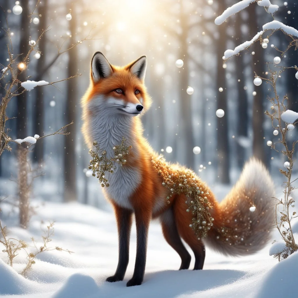 Masterpiece 3D render digital art photostudio quality Just a sprinkle of magic dust, a sprig of berries over a beautiful standing fox with a bushy tail, standing in the snow, backdrop forest winter landscape, insanely beautiful face , silver and gold snow swirl in background, pearls and beads and gold lines