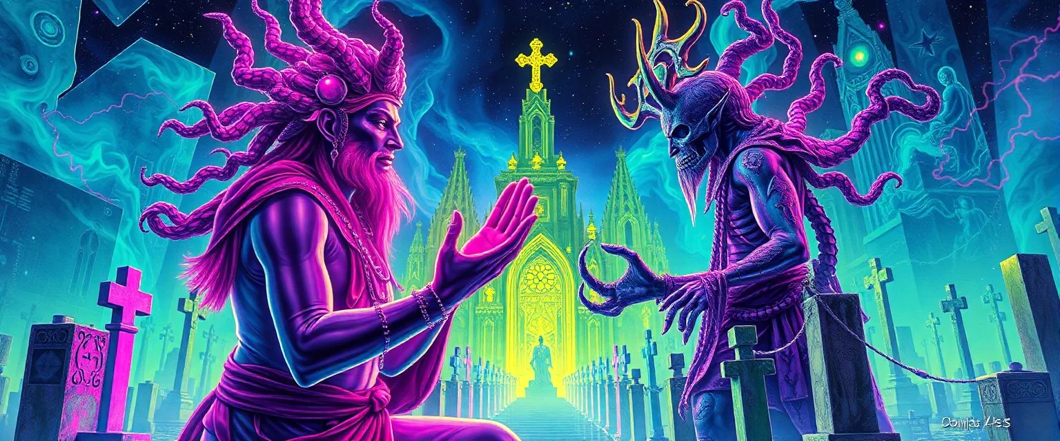 Epic portrait of yoga paladin vs demi-lich in tower cemetery in the style of Giger and Escher in Transparent Psychedelic Fluorescent Colors looking like a Record Cover, multidimensional depth of field, airbrush pen outline