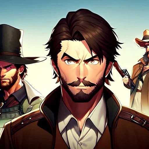 Portrait, Bearded, gunslinger, short brown hair, serious eyes, wild west Coat,
