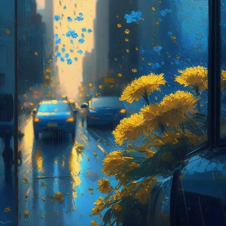 morning, window, rain, blue, flowers in the road, city, crowd, cars, sunlight, golden