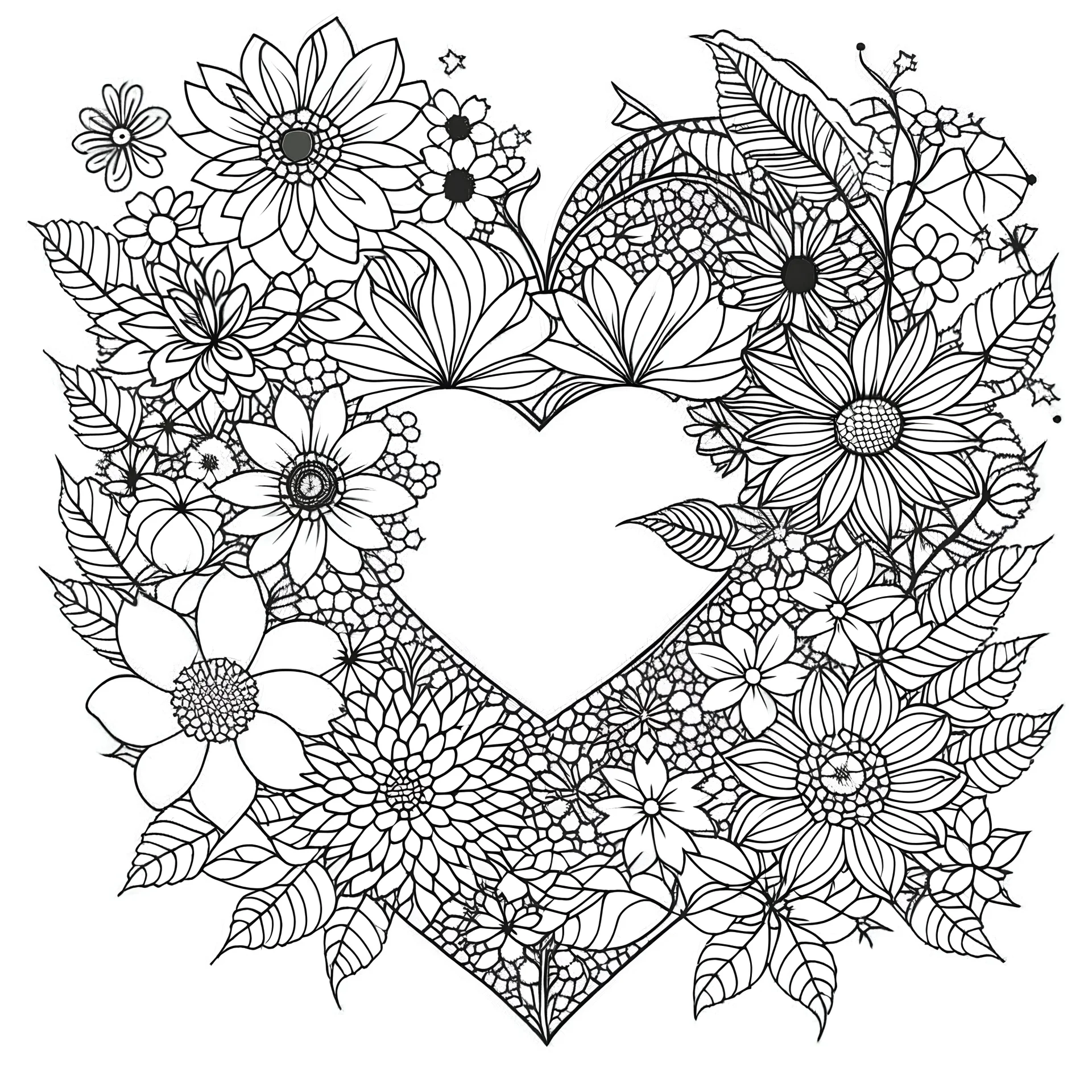 outline art for square heart surrounded flowers coloring page for kids, classic manga style, anime style, realistic modern cartoon style, white background, sketch style, only use outline, clean line art, no shadows, clear and well outlined