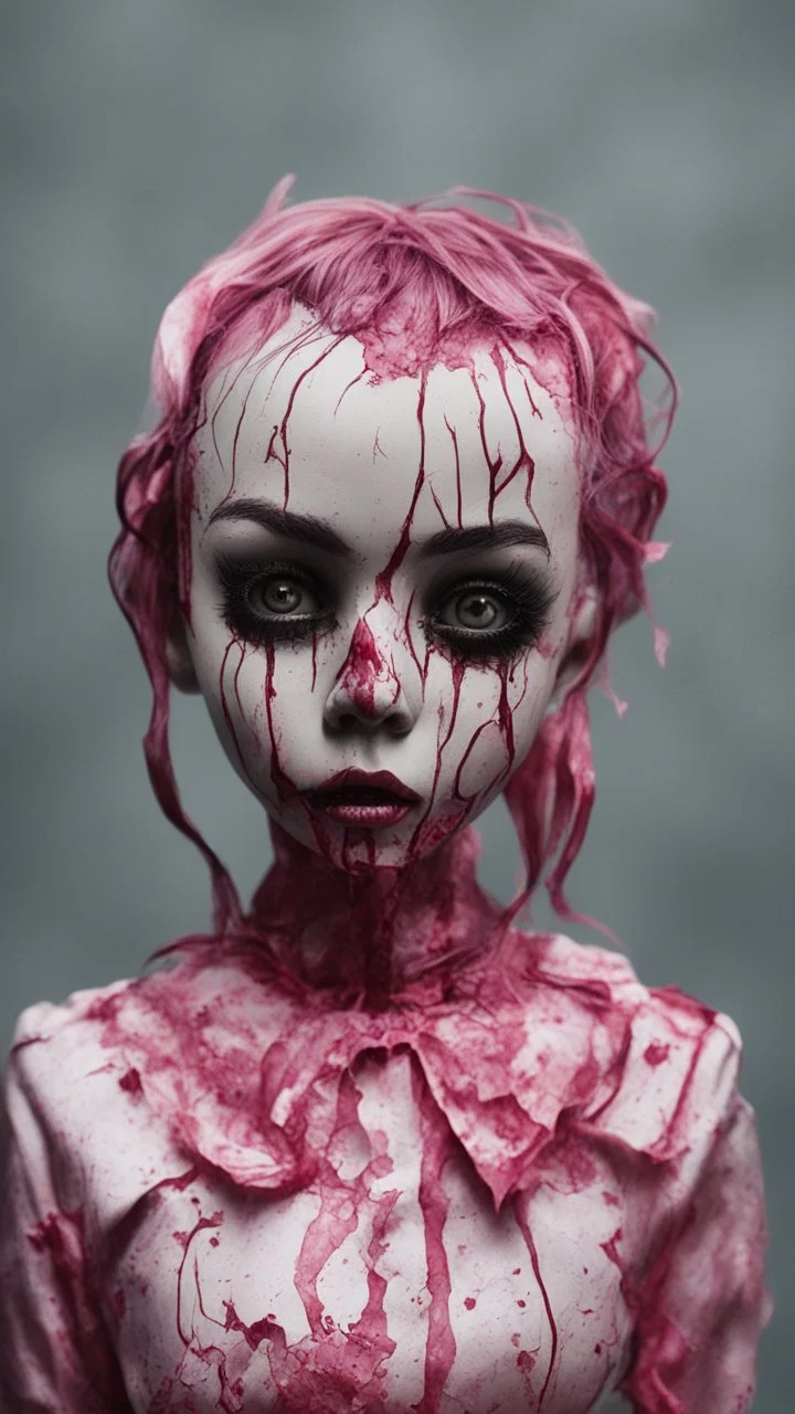 full color, illustration of a darkred and pink tones, menacing, Singer Melanie Martinez face, as a decayed, broken, skin turned translucent, black veins that extended like roots beneath her skin, latex suit, crude homemade cloth doll toy, with a narrow cracked porcelain face, thick dark eyebrows, hair in two gradually, made from ragged strips of cloth, in the style of Alex Pardee, Tim Burton, and Nadya Sheremet