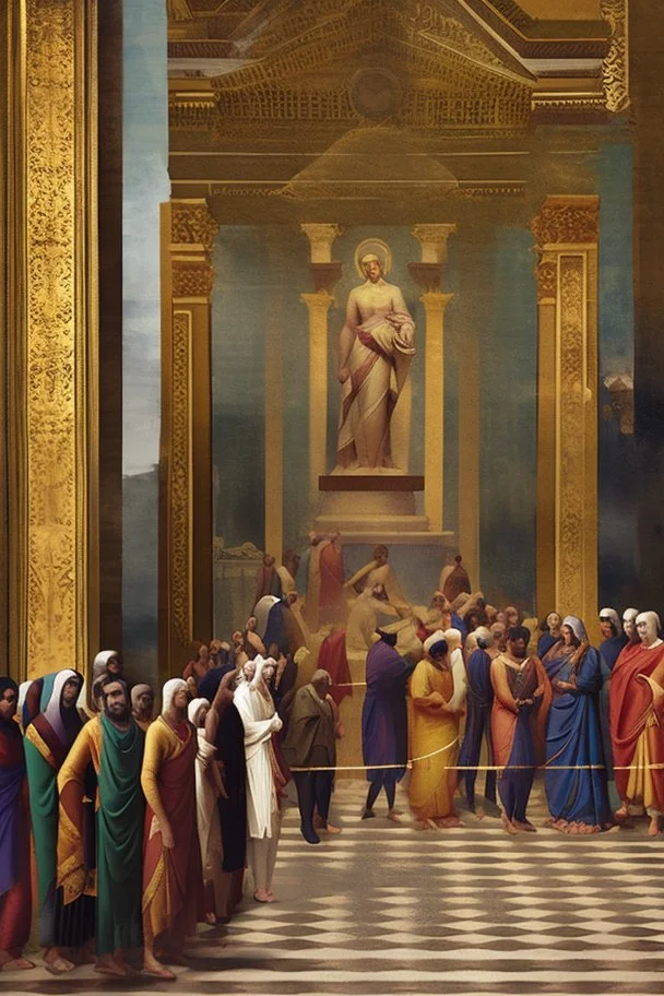 People standing in a line to vote classical painting