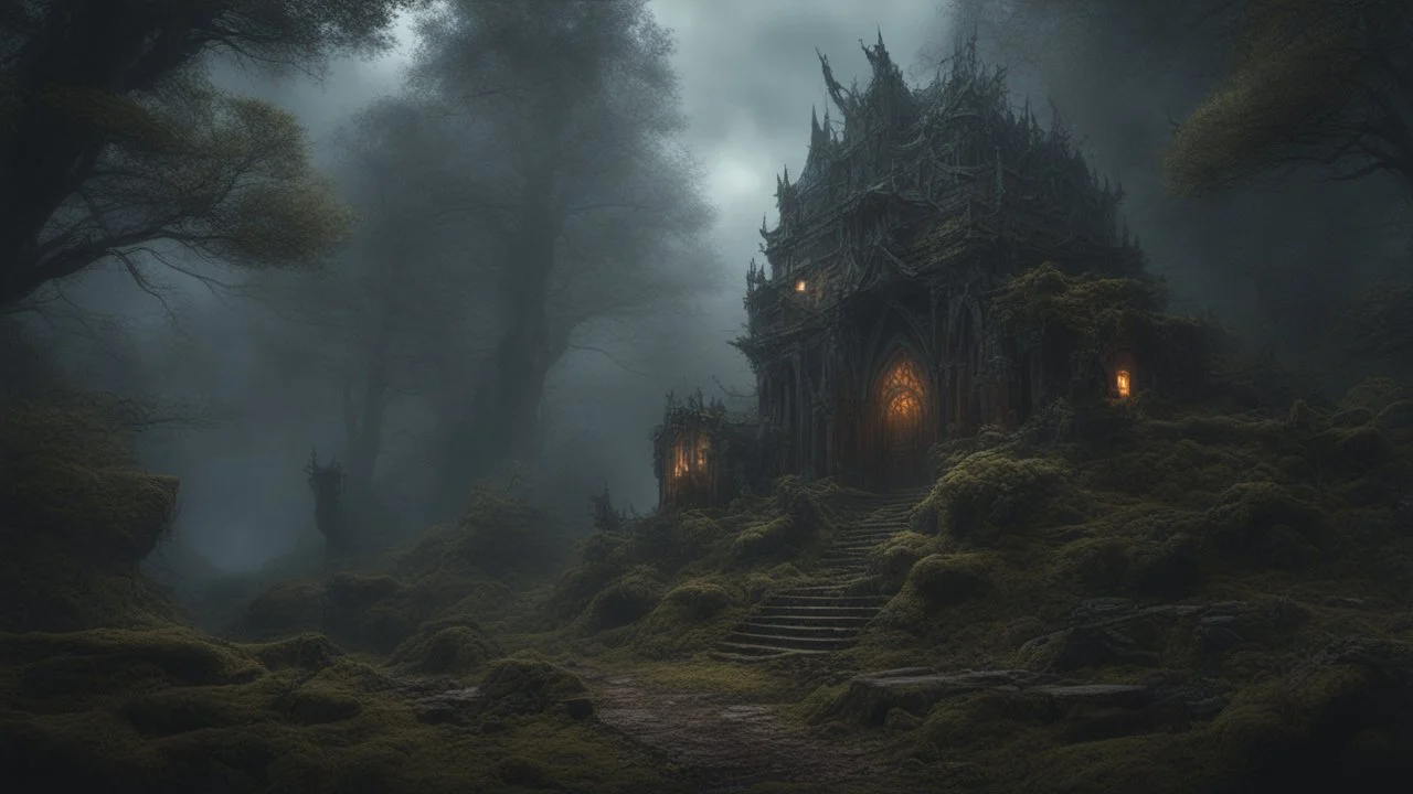 the ghost haunted forest with a thousand teeth and claws. exquisite realism, a masterpiece, dark fantasy concept art, dynamic lighting, hyperdetailed, intricately detailed, deep color, Unreal Engine, volumetric lighting, Epic cinematic brilliant stunning intricate meticulously detailed dramatic atmospheric maximalist digital matte painting