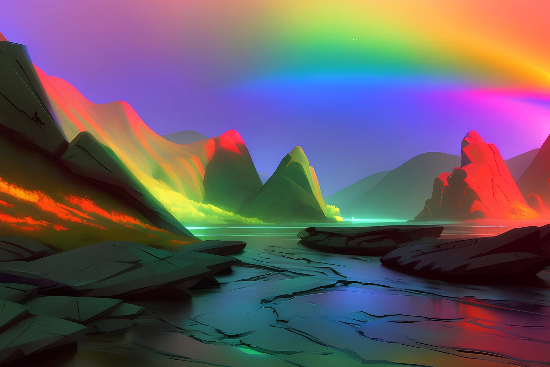 Rainbow, river, rocks, sci-fi, fantasy