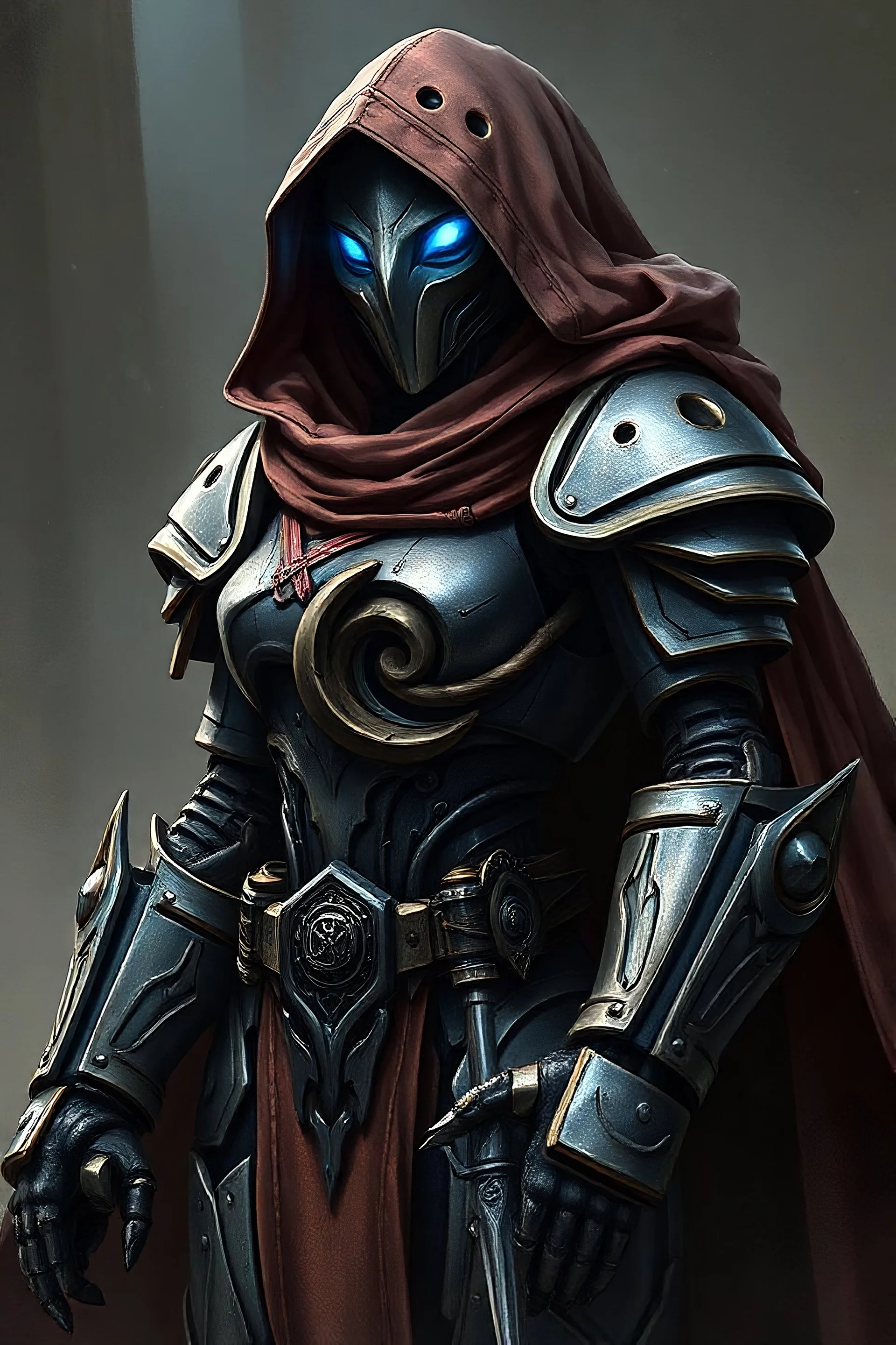 Female Warforged robotic fighter, with blue glowing eyes, cloak, wearing iron armour, medieval style, dungeons and dragons, full body