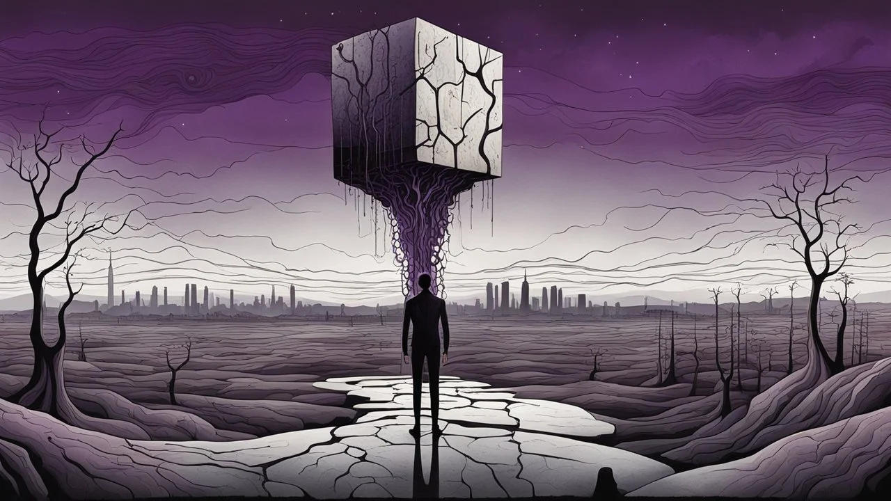 inner an giant block of amorphe stone of several layers a human figure stands alone , in outside around weird landscape with city in the distance, sharp lines, fade pale eyes, fade human figures in city, dark purple, gray, black, white, brown. Whimsical style and surreal vibe, lonely with absurd broken land, neuron network background, surreal nightmare vibe