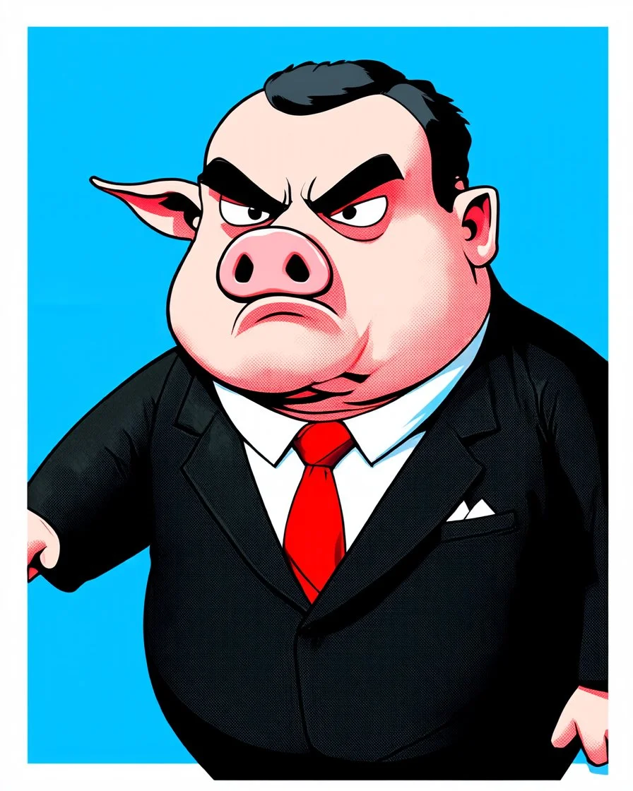 An image of a comic character of Iván Duque Márquez, fat, with a pig's nose and ears, in a suit, a little angry.