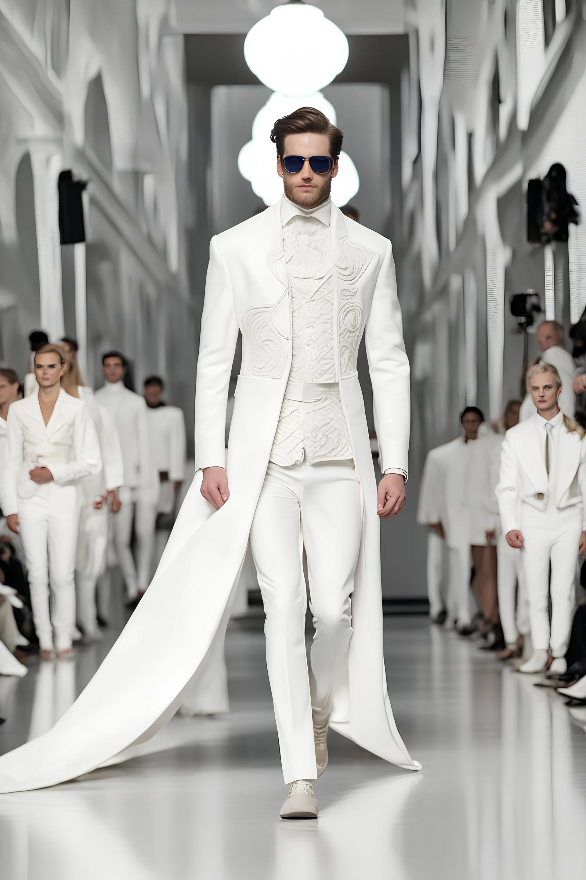 A guy on a winter fashion runway with moderna clothes inspired by Superman style, embroidery elegante fashion white tones