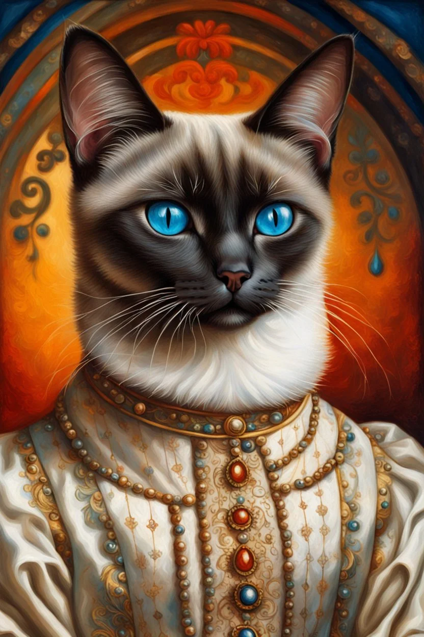 Portrait Renaissance Portrait of a female Siamese cat wearing classic mediveal gown and veil outfit, oil painting texture, piercing blue eyes, texture background