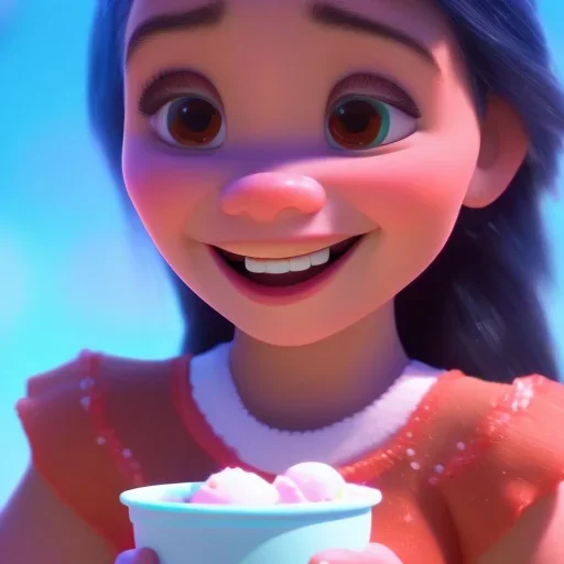 cute, adorable, smiling girl eating ice cream, candies flying all around her, Pixar, disney, cinema lighting, gaming, 8k, magic, love --q 1 --v 4