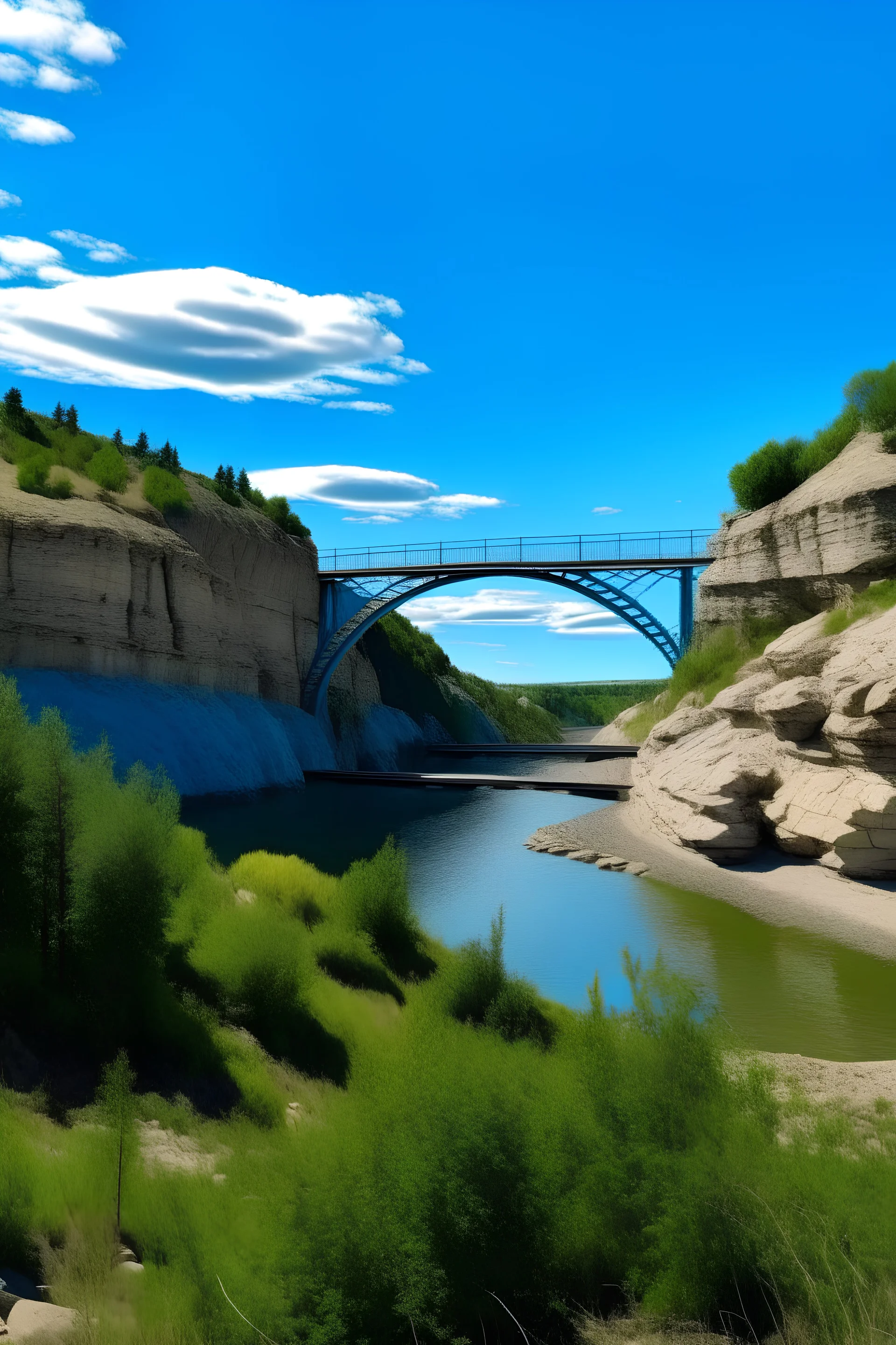 paisaje iluminado por el sol de verano. un puente romano cruza un cañon de 100 metros. un rio en el fondo del cañon. cielo azul. estilo acuarela. paleta de colores pasteles. plano vista aerea.