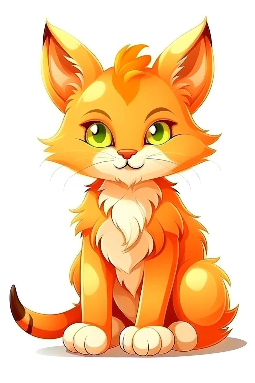 fantasy cartoon: cute orange baby lynx is sitting, white background