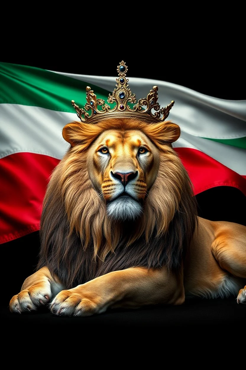 Create A hyper-realistic highly detailed, image of a majestic lion lying down, wearing a royal crown. The lion's fur should be rich and textured, with a regal and powerful presence. Behind the lion, the flag of the Republic of Bulgaria(white, green,red) waves gracefully, its white, green, and red colors vivid and well-defined. The background should be an elegant, deep black, creating a striking contrast that enhances the grandeur of the lion and the flag. The lighting should be drama