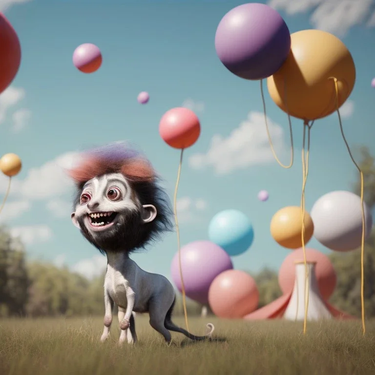 Ultra realistic circus scene. Sweet big hair monster. Child’s playing, smile, happy, color bubbles, smooth color, waist up view, Wes Anderson style, dark ambient, highly detailed, concept art, unreal engine 5, god rays, ray tracing, RTX, lumen lighting, ultra detail, volumetric lighting, 3d, finely drawn, high definition, high resolution.