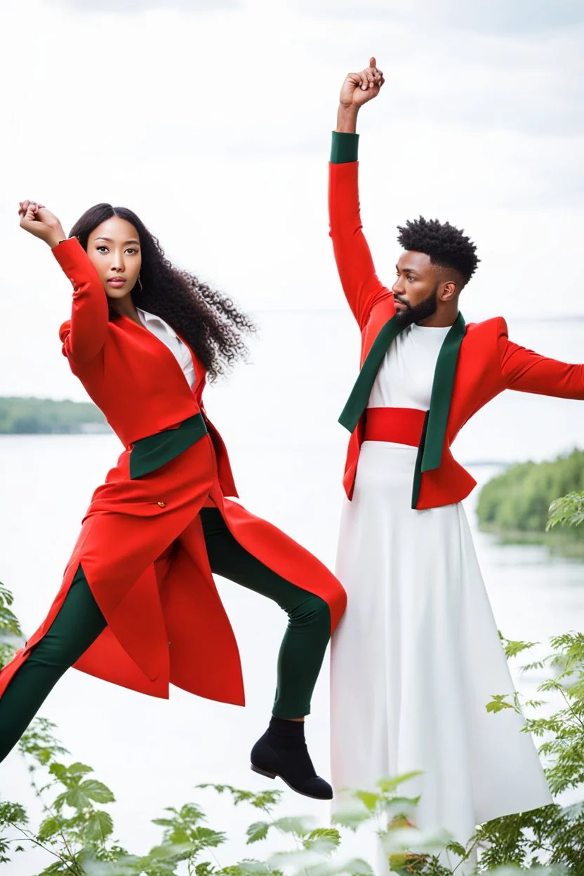 fullbody shot of young-1 man , 1 woman standing in green trees