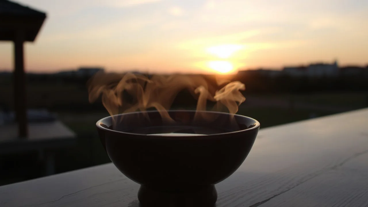 reflective ceramic bowl of steaming liquid, sunset in background, photographic image, realistic, surrealism